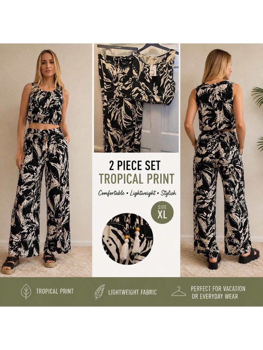 Salty Lemon 2 Piece Tropical Print Crop Top and Wide Leg Pants Set Size XL
